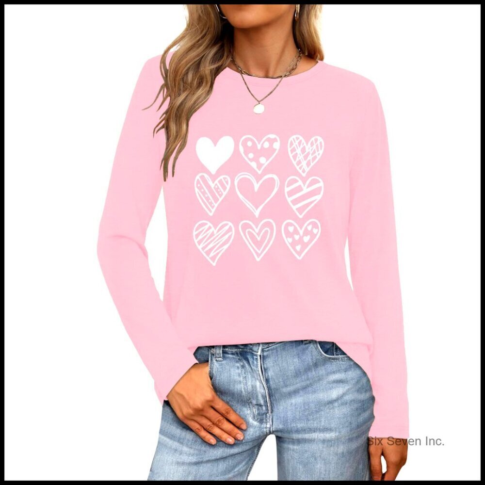 Long Sleeve Heart Print Tee Casual Stretchy Cotton Blend Top Valentine's Day